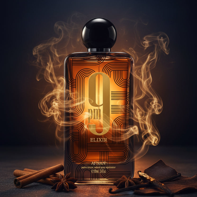 Afnan 9PM Elixir fragrance bottle with a gold 9pm logo on a patterned background.