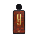 Afnan 9PM Elixir fragrance bottle with a gold 9pm logo on a patterned background.