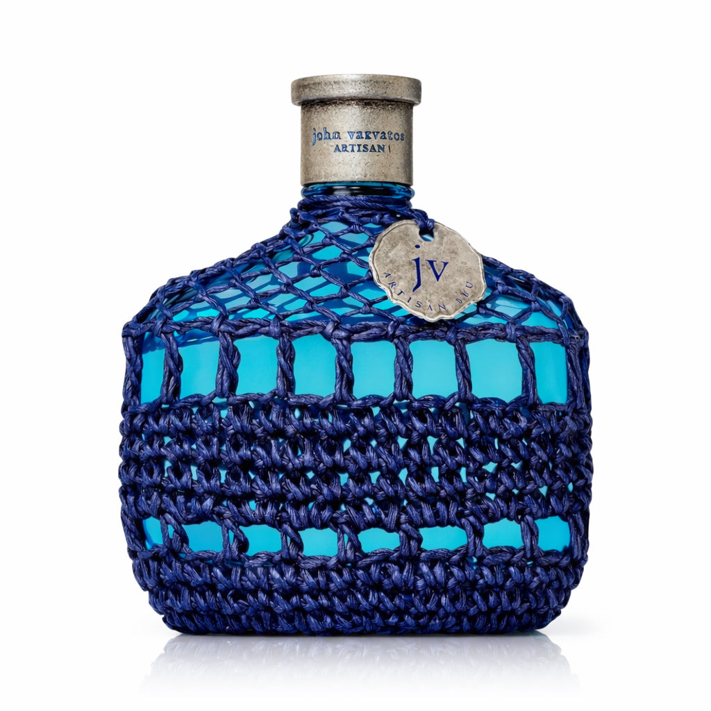 John Varvatos Artisan Blu fragrance bottle with blue woven netting.