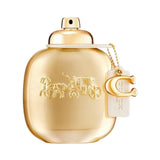 A rounded gold metallic perfume bottle featuring an embossed horse and carriage logo and a C charm.