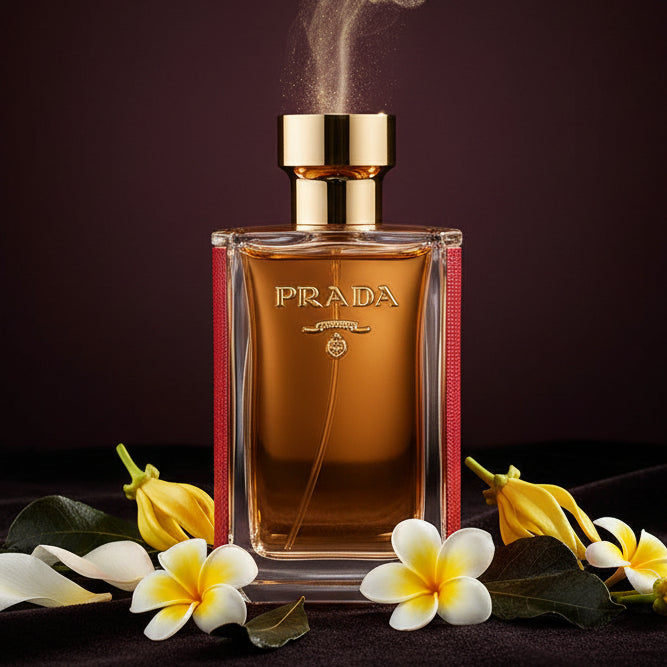 La Femme Intense Prada perfume bottle with gold cap and red accents.