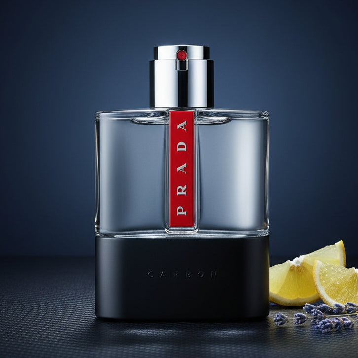 Prada Luna Rossa Carbon fragrance bottle with red and black accents.