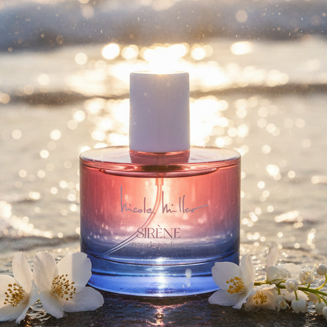 Nicole Miller Sirène eau de parfum bottle with a pink to blue gradient.