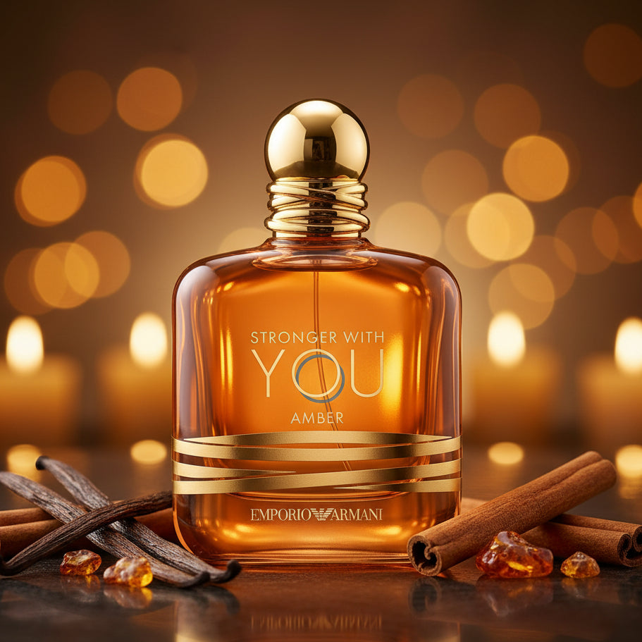 Emporio Armani Stronger With You Amber perfume bottle with gold accents.