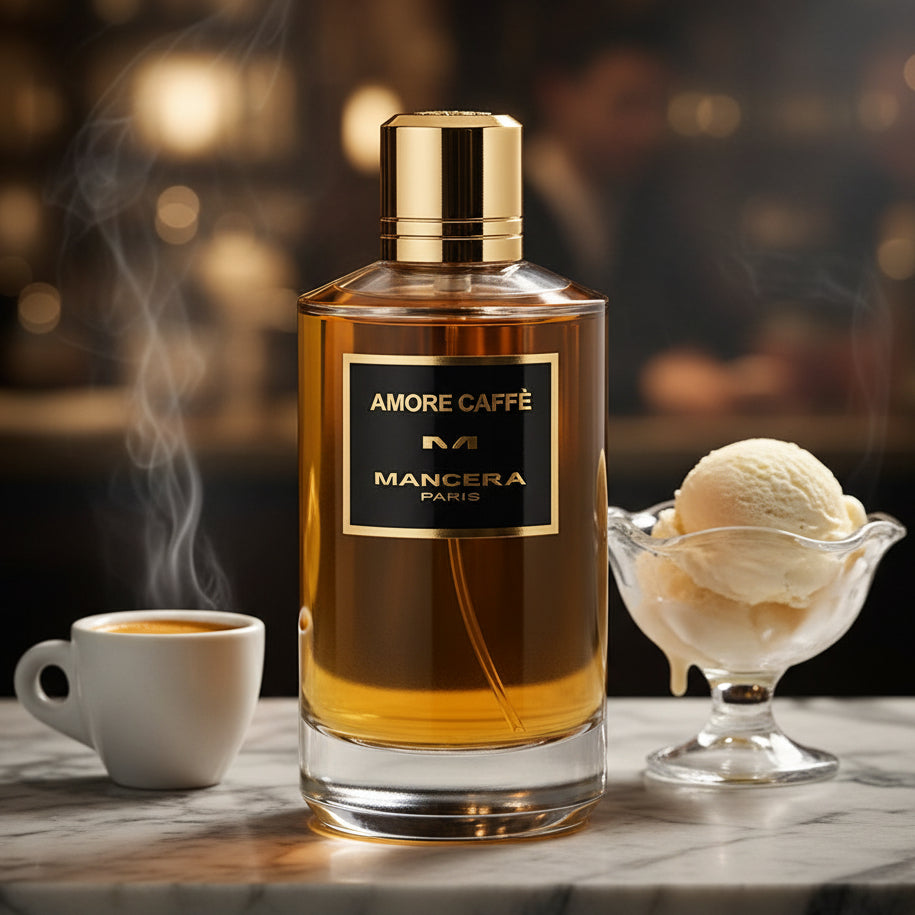 A bottle of Mancera Amore Caffè perfume with a gold cap and amber liquid.