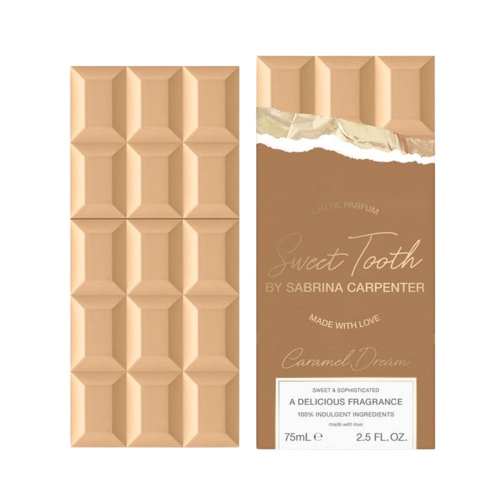 Sweet Tooth Caramel Dream perfume bottle with chocolate bar design.