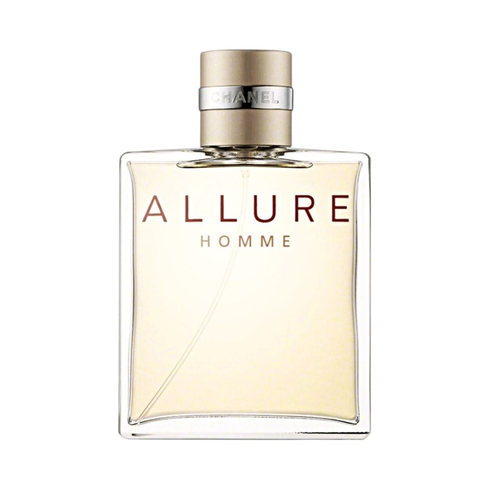 Chanel Allure Homme fragrance bottle with gold cap and clear liquid.