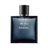 Bleu de Chanel fragrance bottle with a black cap.
