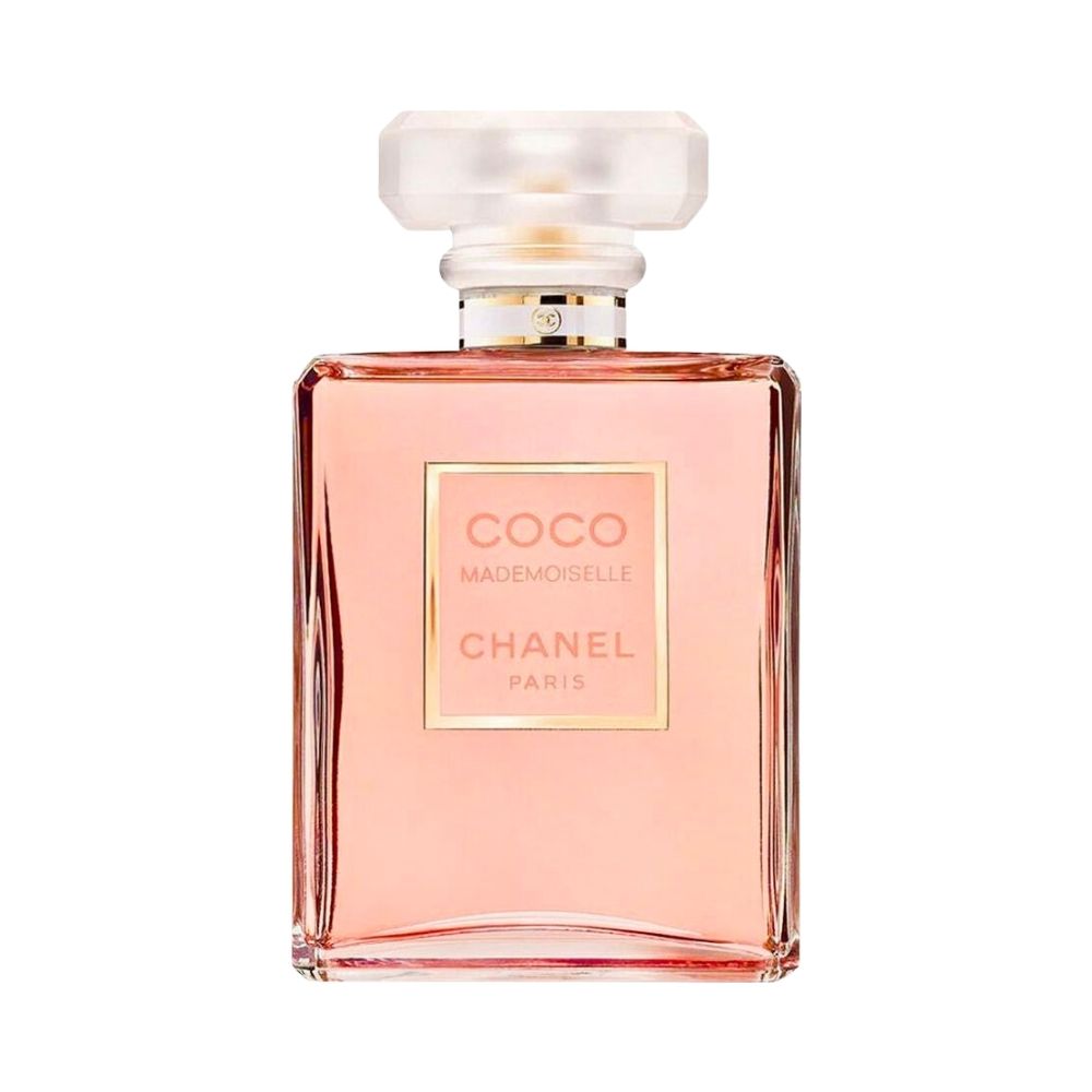 Chanel Coco Mademoiselle Eau de Parfum bottle with pink liquid.