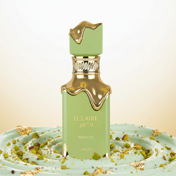 Eclaire Pistache perfume bottle with green and gold accents.