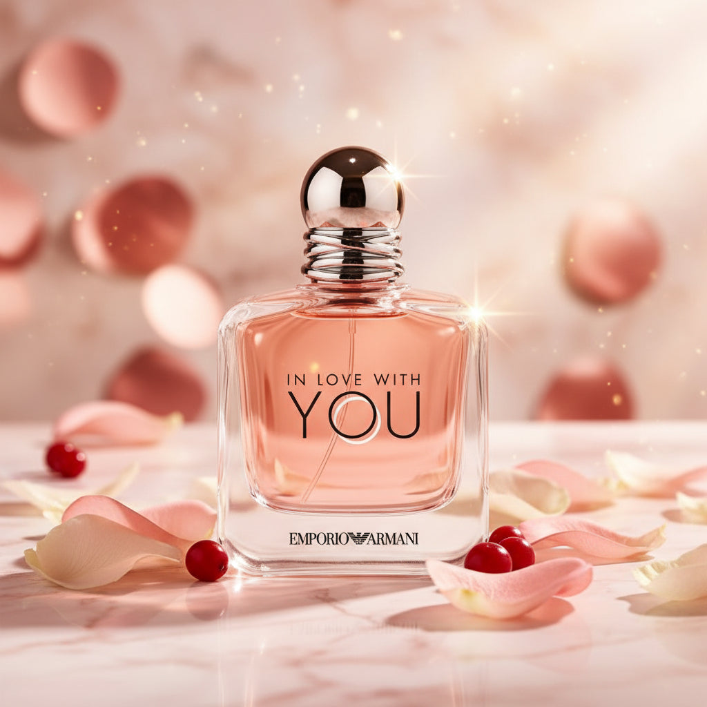 Emporio Armani In Love With You perfume bottle with pink liquid.