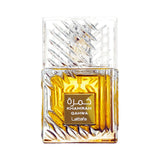 A square glass bottle of golden Lattafa Khamrah Qahwa perfume with a textured cap.