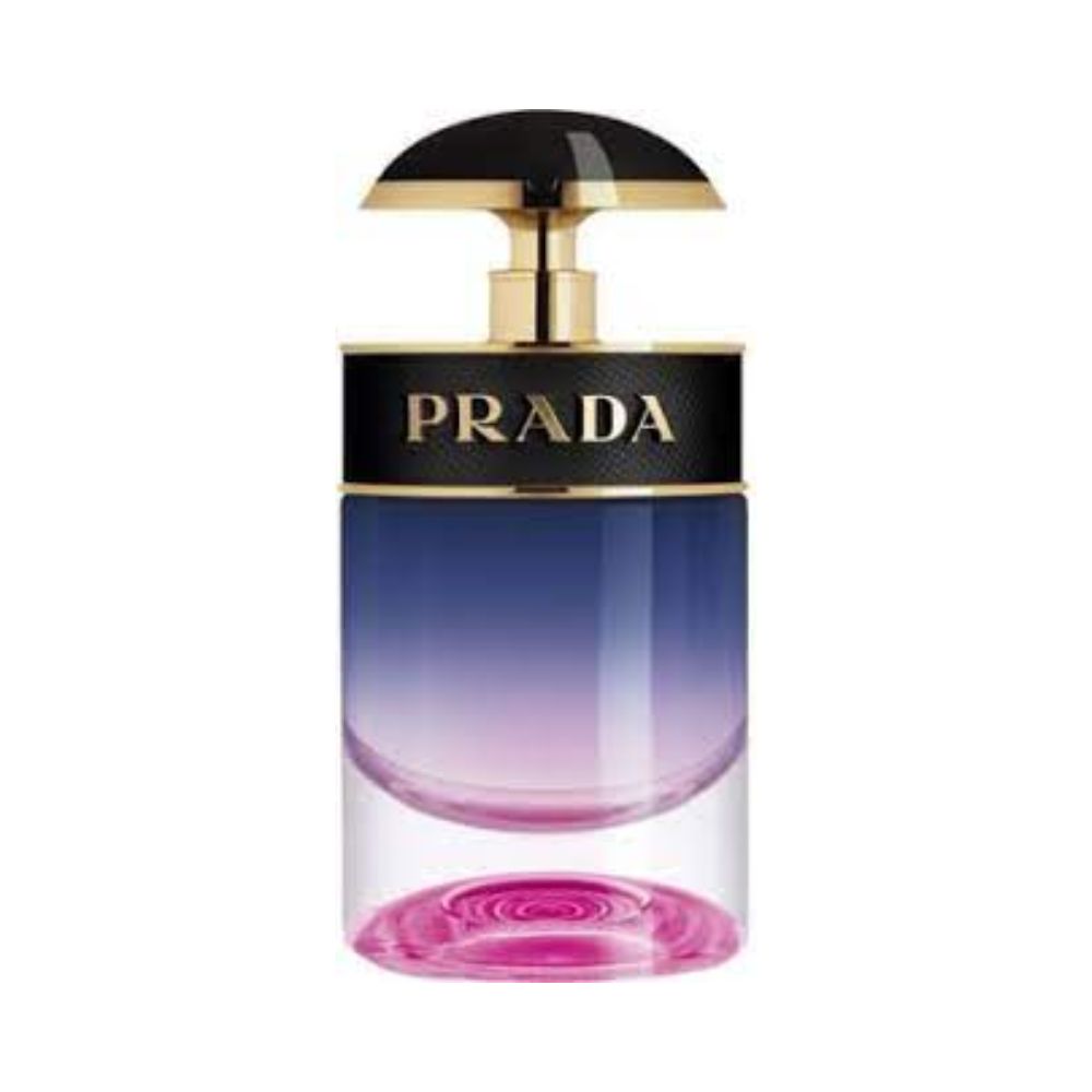 Prada Candy Night perfume bottle with a gradient blue and pink glass and a black and gold cap.
